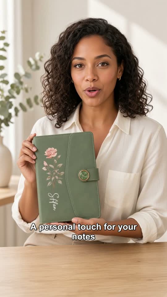 AI presenter holding and explaining a personalized green floral notebook